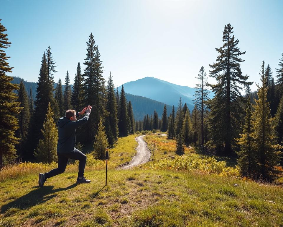 A scenic training environment for a hiker, with a foreground featuring a person in comfortable, modest hiking attire, performing exercises such as stretching or lunges on a grassy patch. In the middle ground, a well-maintained hiking trail winds through a lush forest, encircled by tall trees and vibrant green foliage. The background showcases a majestic mountain range under a bright blue sky, hinting at adventure. Soft, natural lighting highlights the contours of the landscape, evoking a sense of warmth and motivation. The overall atmosphere is invigorating and inspiring, capturing the spirit of preparation for a hiking adventure.
