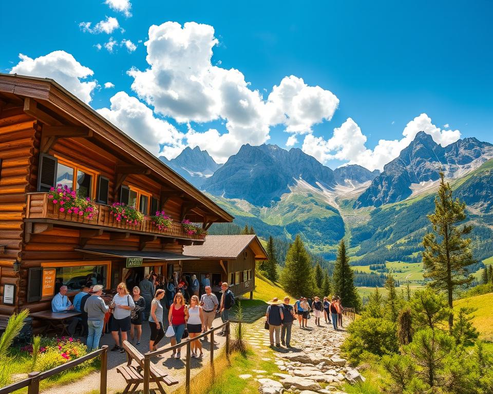 A scenic view of Olpererhütte, nestled in the stunning Tyrolean Alps, surrounded by rugged mountain peaks and lush green valleys. In the foreground, capture the charming wooden exterior of the hut, showcasing its traditional architecture with a sloped roof and flower boxes filled with colorful blooms. Friendly hikers in modest casual clothing gather on the sunny terrace, enjoying refreshments. In the middle ground, depict pine trees and rocky trails leading to the hut, bustling with activity. The background features towering, jagged mountains under a bright blue sky with fluffy white clouds. Golden sunlight bathes the scene, enhancing the warm, inviting atmosphere that evokes a sense of adventure and relaxation. Use a wide-angle lens for a panoramic feel, focusing on the vibrant colors and breathtaking landscape.