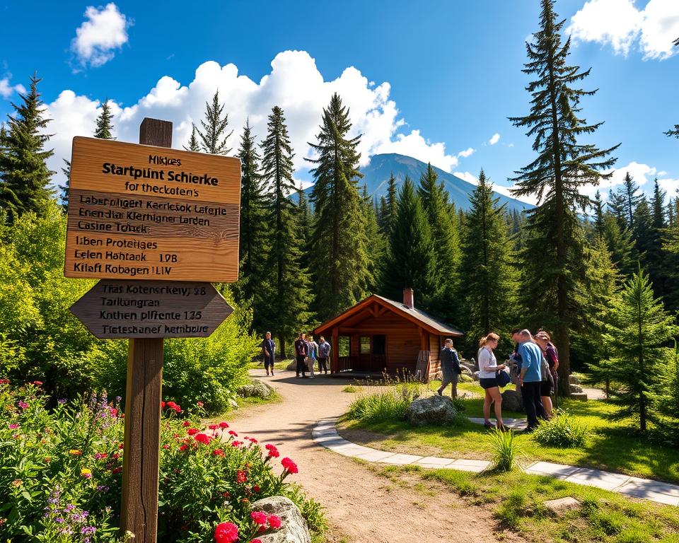 A scenic view of Startpunkt Schierke, showcasing the trailhead for the Brocken hike. In the foreground, a well-marked wooden signpost indicating various hiking routes, surrounded by lush green foliage and vibrant wildflowers. In the middle ground, a charming wooden cabin nestled amid tall pines, with hikers in modest casual clothing preparing for their journey. The background features the majestic Brocken mountain rising under a bright blue sky dotted with fluffy white clouds. Soft sunlight filters through the trees, casting gentle shadows and creating a warm, inviting atmosphere. Capture this landscape with a wide-angle lens for depth, focusing on the harmonious blend of nature and adventure, evoking a sense of tranquility and excitement for hikers.