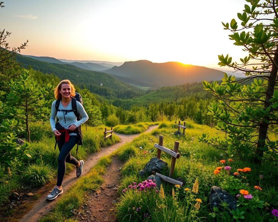 A scenic view of a gentle hiking trail in the Vulkaneifel region, surrounded by lush, green forests and rolling hills. In the foreground, a couple of hikers dressed in casual outdoor attire are enjoying a leisurely walk along a well-marked path. They are smiling, capturing the essence of a relaxed hiking experience. The middle ground features vibrant wildflowers and small volcanic rock formations that characterize the area. In the background, the lush hills gradually rise under a soft, golden sunset, casting warm light across the landscape. The atmosphere is tranquil and inviting, perfect for beginner hikers and nature enthusiasts. The photo is taken from a slightly elevated angle, emphasizing the expansive beauty of the landscape.