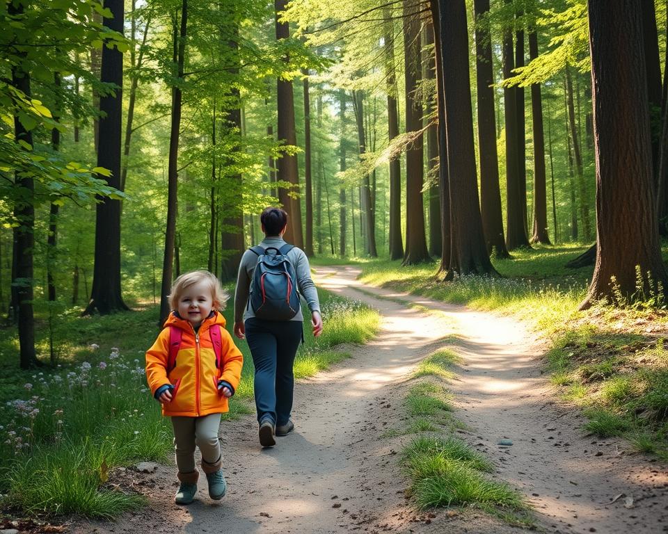 A scenic view of a tranquil forest path in the Schwarzwald, perfect for small children and beginner hikers. In the foreground, a joyful toddler wearing a bright, colorful jacket is walking with a parent, exploring the lush greenery. The parent is dressed in comfortable, modest hiking attire. The middle ground features a winding dirt path flanked by tall, majestic trees with vibrant green leaves and patches of wildflowers. In the background, soft sunlight filters through the canopy, casting warm, dappled light on the path. The atmosphere is serene and inviting, evoking a sense of adventure and discovery, with a soft focus to give a dreamy effect. The image captures the essence of early hiking experiences for families in the South Black Forest.