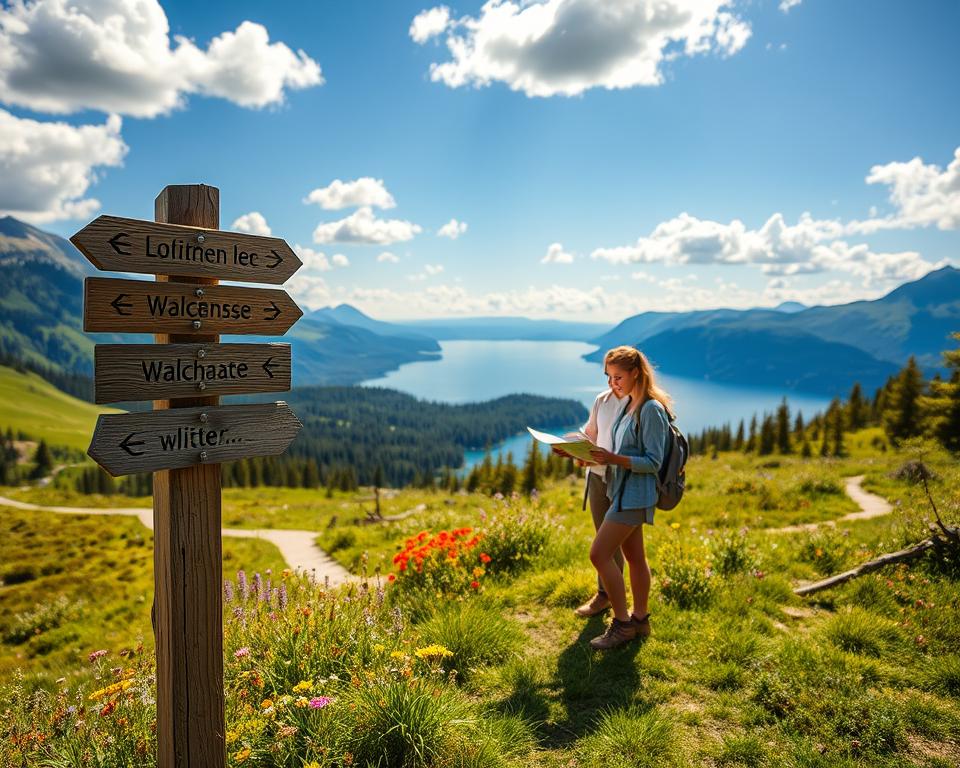 A scenic view of hiking trails around Walchensee, with diverse paths winding through lush green meadows and dense forests. In the foreground, a well-worn wooden trail signpost points towards various hiking routes, surrounded by colorful wildflowers. The middle ground features a couple, dressed in modest outdoor attire, examining a map with enthusiasm as they plan their day, embodying the spirit of adventure. In the background, the serene blue lake is framed by majestic mountains under a bright, sunny sky with fluffy white clouds. The warm, natural lighting enhances the vibrant colors of the landscape, creating an inviting and inspiring atmosphere for outdoor exploration.