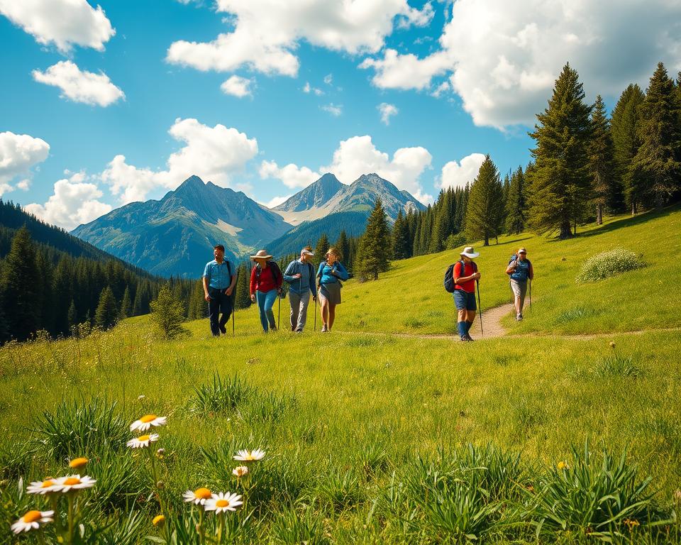 A scenic view of sustainable hiking in Thierseetal, Tirol, showcasing a lush green landscape with wildflowers in the foreground. In the middle, a well-trodden hiking trail winds through meadows and pine forests, where a diverse group of hikers dressed in modest casual clothing enthusiastically engages with nature. They can be seen picking up litter and observing wildlife. In the background, majestic alpine peaks rise against a blue sky dotted with fluffy white clouds. The lighting is warm and inviting, suggesting late afternoon sun enhancing the natural beauty. The atmosphere is serene and peaceful, capturing the essence of eco-friendly outdoor experiences that respect and protect nature.