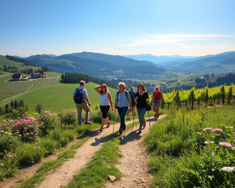 A scenic view of the Ahrtal hiking trail, showcasing a safe and enjoyable walking experience. In the foreground, a well-maintained path lined with lush greenery and vibrant flowers, inviting hikers. In the middle ground, a diverse group of hikers dressed in modest casual clothing, demonstrating safe walking practices, equipped with walking sticks and wearing sturdy footwear for stability. In the background, picturesque hills and vineyards under a bright blue sky, with soft, diffused sunlight casting gentle shadows. The atmosphere is serene and uplifting, encouraging outdoor exploration while emphasizing safety and preparedness. The angle captures both the trail extending into the distance and the natural beauty around, creating a sense of adventure and security in the journey ahead.