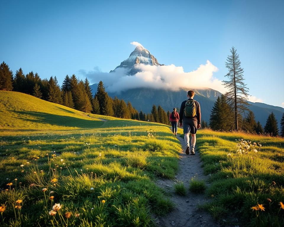 A scenic view of the Benediktenwand mountain in Bavaria, Germany, captured during early morning light. In the foreground, lush green meadows dotted with wildflowers and a well-defined hiking trail leading towards the mountain. In the middle ground, hikers in modest casual clothing, reflecting a sense of adventure and exploration, are seen walking along the trail. The background features the majestic Benediktenwand peak, partially shrouded in wispy clouds and set against a clear blue sky. The image conveys a peaceful yet invigorating atmosphere, capturing the essence of starting a hiking journey. The composition should be wide, with a slight upward angle to emphasize the towering mountain and open landscape. The lighting should be soft and warm, enhancing the natural beauty of the setting.