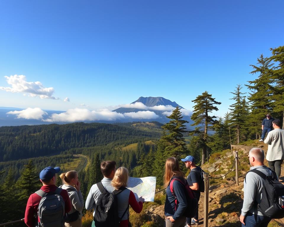 A scenic view of the Brocken Mountain in the Harz region, showcasing an expansive hiking trail winding through lush green forests and rocky terrains. In the foreground, a diverse group of hikers in modest casual clothing consults a detailed navigation map. The middle ground features the majestic peak of Brocken, partially shrouded in soft, rolling mist, capturing the early morning light with a golden glow. The background reveals towering conifer trees under a clear, bright blue sky with a few fluffy clouds. The atmosphere is tranquil and inviting, evoking a sense of adventure. The image is taken from a slight upward angle to highlight the hikers and the grandeur of the mountain, with natural sunlight casting gentle shadows.