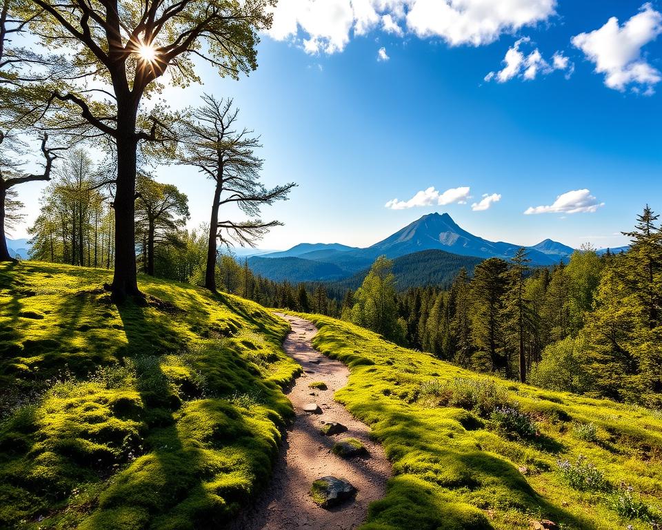 A scenic view of the Brockenaufstieg from Torfhaus, showcasing a panoramic hiking path winding through lush green moors and dense forests. In the foreground, a winding trail leads through vibrant moss and wildflowers, inviting hikers to explore. The middle ground features towering trees with dappled sunlight filtering through their leaves, creating a serene atmosphere. In the background, the majestic Brocken mountain looms under a clear blue sky, dotted with a few fluffy white clouds. The lighting is warm and soft, capturing the golden hour ambiance, while the angle is slightly elevated, offering a sweeping view of the landscape. The overall mood is tranquil and inviting, perfect for outdoor enthusiasts.