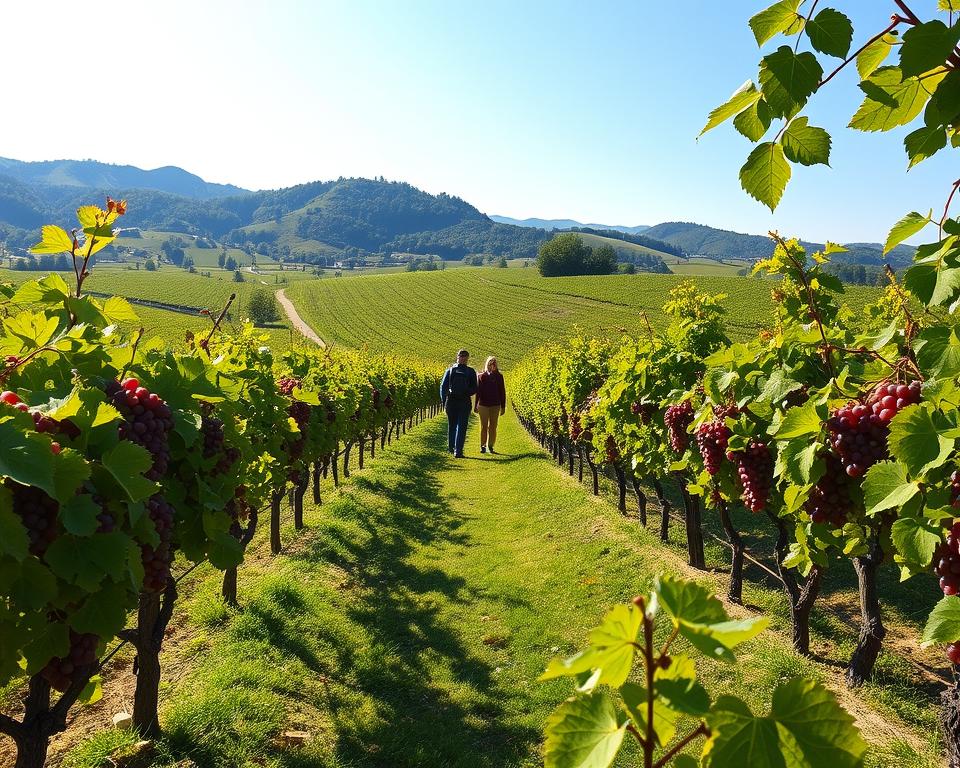 A scenic view of the "Genussroute Ahrtal" with gently rolling vineyards in the foreground, showcasing vibrant green grapevines laden with ripe red grapes, indicative of the region's famous red wine. In the middle ground, meandering hiking trails invite exploration, with hikers in modest casual clothing enjoying the experience together. The background features picturesque hills under a clear blue sky, with soft sunlight filtering through the leaves, creating a warm, inviting atmosphere. The lens captures a wide angle to include both the delightful trails and the lush vineyards, highlighting the perfect balance of nature and leisure. The overall mood is relaxed and enjoyable, embodying an ideal day of hiking and wine tasting in the Ahr Valley.