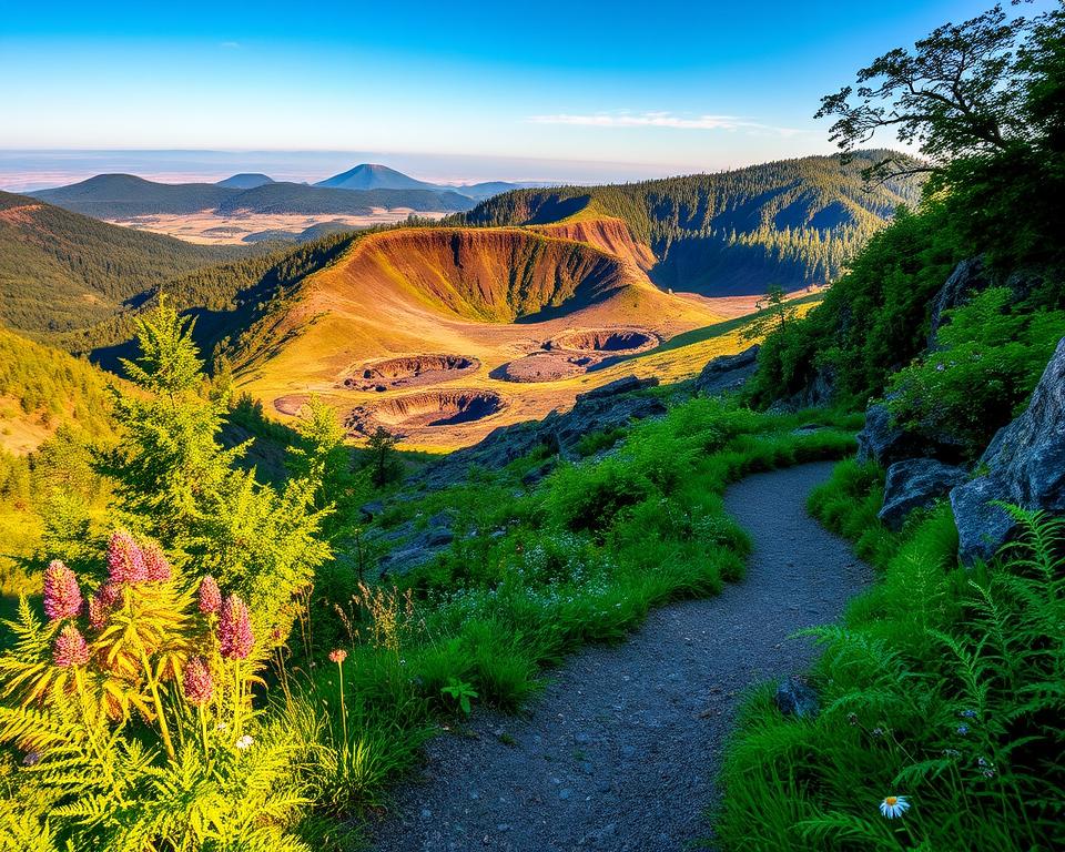 A scenic view of the Geopfade in Vulkaneifel with rich, textured landscapes that highlight volcanic formations. In the foreground, a winding footpath leads through vibrant green ferns and wildflowers, inviting hikers to explore. The middle ground features distinctive geological formations, with ancient volcanic rocks and craters, under a clear blue sky. In the background, rolling hills and lush forests create a serene backdrop, with soft sunlight filtering through the tree canopy. The mood is tranquil and adventurous, evoking a sense of connection with nature and the earth’s history. The image should have warm lighting, capturing the golden hour glow, and be framed at a slightly elevated angle to showcase the landscapes in depth.