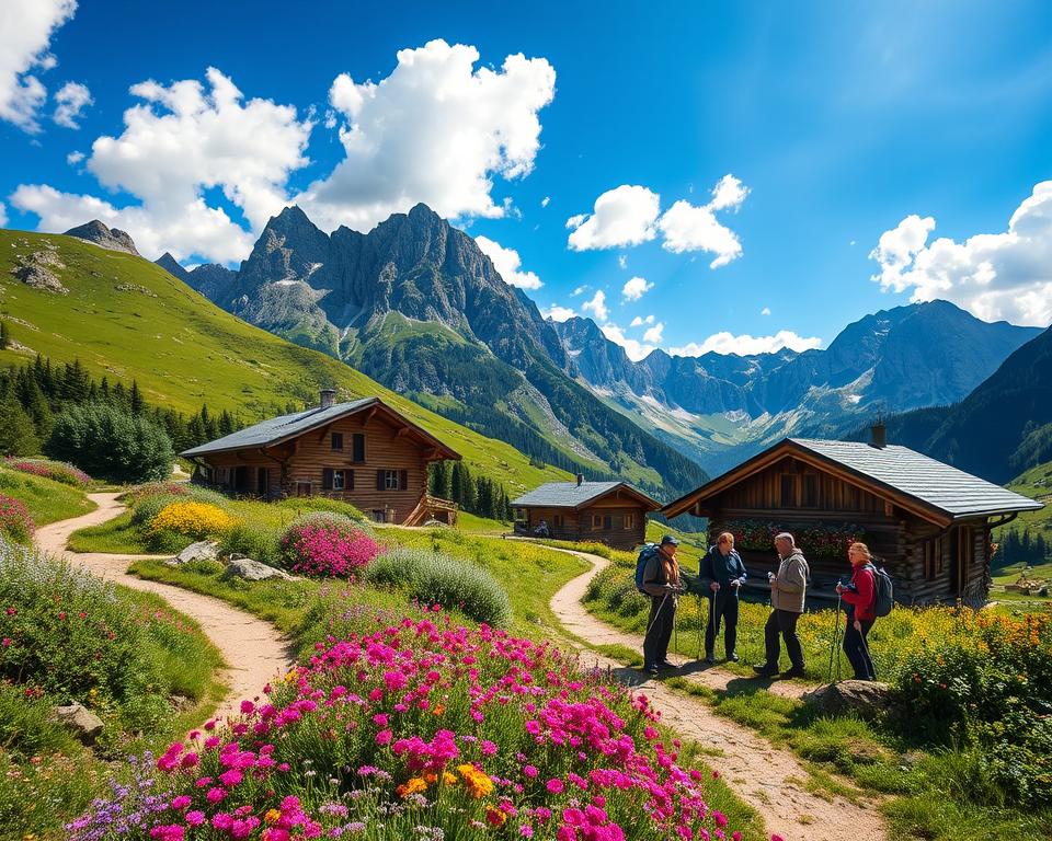 A scenic view of the Hüttenkette along the Stubaier Höhenweg, showcasing a series of charming mountain huts nestled amidst lush alpine greenery. In the foreground, a well-marked hiking trail winds through vibrant wildflowers, inviting adventurers to explore. The middle ground features a group of hikers equipped with trekking poles, dressed in functional outdoor attire, happily conversing as they pause by a hut adorned with colorful flower boxes. The background displays towering, rugged mountain peaks under a bright blue sky with soft, fluffy clouds, illuminating the landscape with warm sunlight. The atmosphere is serene and inviting, perfect for adventure seekers. Capture this scene with a wide-angle lens to emphasize the vastness of the mountains and the beauty of nature.