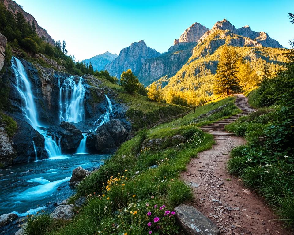 A scenic view of the Kuhfluchtwasserfälle, showcasing the majestic waterfalls cascading down rocky cliffs surrounded by lush greenery. In the foreground, a clear blue river flows, glistening under the warm afternoon sun. The middle ground features a well-maintained hiking path lined with wildflowers, inviting visitors to explore. In the background, towering mountains rise against a vibrant, clear blue sky, enhancing the grandeur of the location. The scene is bathed in soft, natural light, emphasizing the beauty of nature. A sense of serenity and adventure fills the atmosphere, inviting travelers to embark on a refreshing day trip. The composition should be captured from a slightly elevated angle to provide a panoramic view of this breathtaking natural gem.