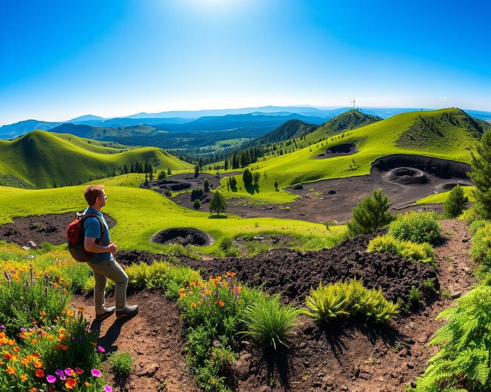 A scenic view of the Vulkaneifel region, showcasing lush green hills and volcanic landscapes. In the foreground, an adventurous hiker in modest casual clothing stands on a winding trail, surrounded by vibrant wildflowers and ferns. The middle ground features diverse terrain with small volcanic craters and rich, dark soil, dotted with patches of trees. The background displays distant rolling hills beneath a bright blue sky, illuminated by soft sunlight, casting gentle shadows across the landscape. A sense of tranquility and exploration pervades the atmosphere, inviting nature enthusiasts to experience the beauty of the Vulkaneifel. The scene captures the essence of hiking routes, focusing on natural beauty and serenity.