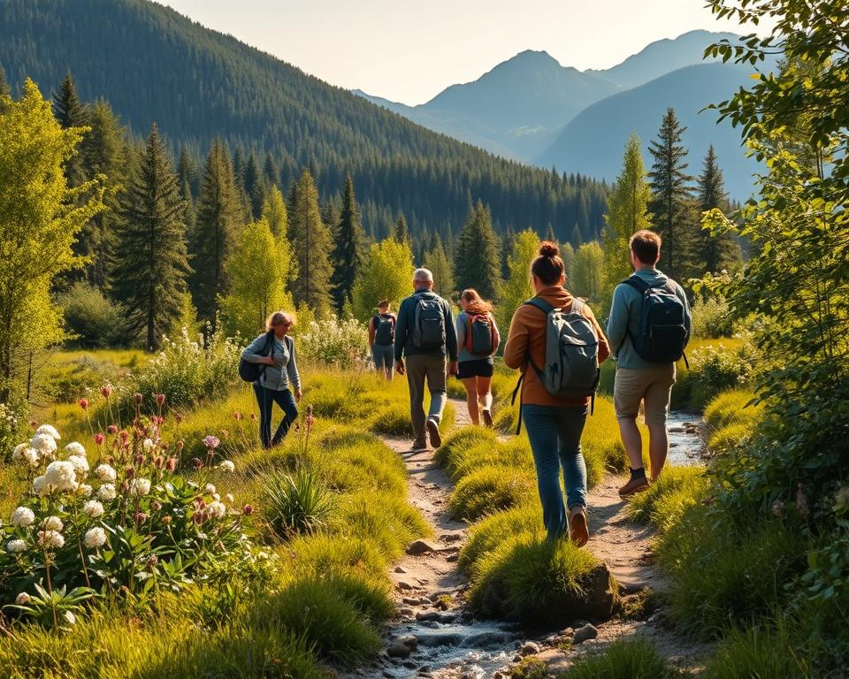 A scenic view showcasing sustainable hiking in the Harz Mountains, focusing on a well-trodden, natural path winding through lush green forests. In the foreground, depict a diverse group of hikers dressed in modest, professional outdoor attire, engaged in careful exploration and observing their surroundings, embodying eco-friendly practices. The middle ground features vibrant flora, with blooming wildflowers and rich greenery, while a gentle stream tinkles alongside the path. The background reveals the iconic, rugged peaks of the Harz Mountains bathed in warm, golden sunlight, casting soft shadows that enhance the tranquil atmosphere. Capture the essence of responsible tourism and connection with nature, using a soft, diffused lighting style to evoke a sense of peace and harmony in this pristine environment.