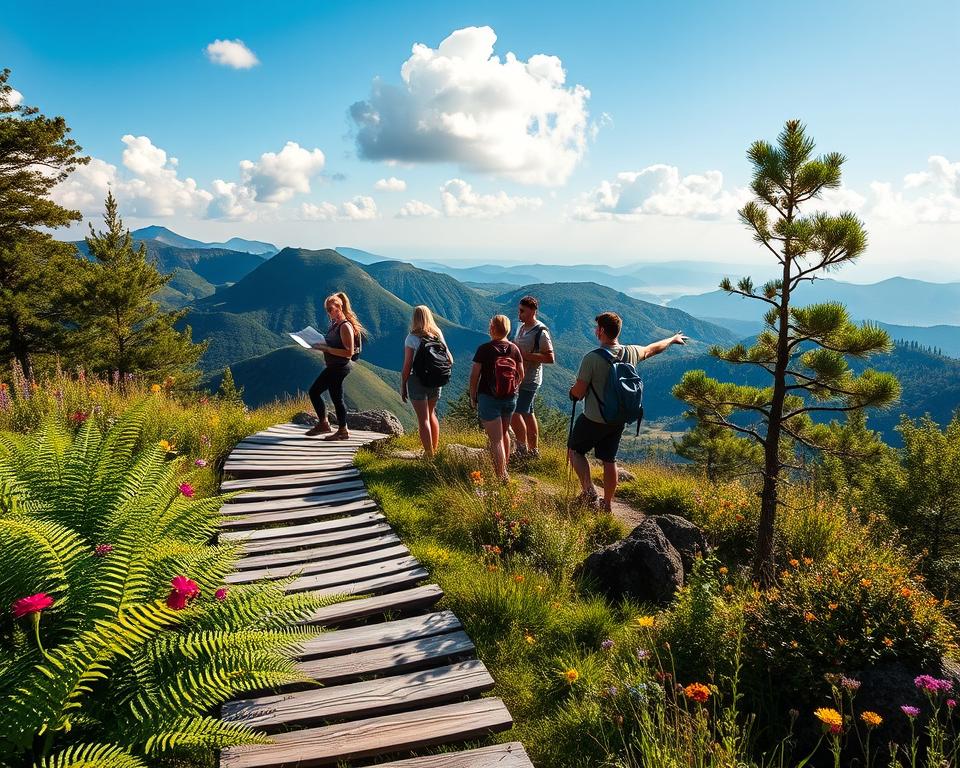 A scenic viewpoint in the Vulkaneifel region, capturing the essence of hiking adventures. In the foreground, an inviting wooden trail leading through lush green ferns, with colorful wildflowers lining the path. In the middle ground, a group of casually dressed hikers, enjoying their journey, examining a trail map and pointing towards the distant hills. The background features rolling volcanic hills under a clear blue sky, with fluffy white clouds creating a sense of serenity. Soft, warm sunlight filters through the trees, casting gentle shadows on the trail, enhancing the peaceful atmosphere of nature. The image should evoke a sense of adventure and tranquility, showcasing the ideal start to an outdoor excursion.