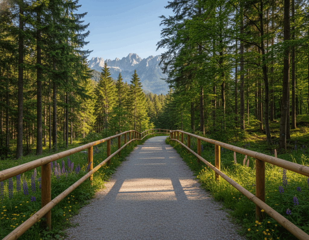A serene, accessible hiking trail through the lush forest of Farchant, showcasing a well-maintained path suitable for individuals with mobility challenges. In the foreground, a smooth, wide trail lined with natural wooden railings, leading into the vibrant green landscape. A few wildflowers peek through the edges of the path, adding pops of color. In the middle ground, tall pine trees create a canopy overhead, allowing dappled sunlight to filter through, casting gentle patterns on the ground. The background features majestic mountains in soft focus, hinting at the adventure beyond the trail. The atmosphere is calm and inviting, with clear blue skies above and a soft breeze rustling the leaves. Use warm, natural lighting to enhance the inviting feel of this nature experience. A serene, accessible hiking trail through the lush forest of Farchant, showcasing a well-maintained path suitable for individuals with mobility challenges. In the foreground, a smooth, wide trail lined with natural wooden railings, leading into the vibrant green landscape. A few wildflowers peek through the edges of the path, adding pops of color. In the middle ground, tall pine trees create a canopy overhead, allowing dappled sunlight to filter through, casting gentle patterns on the ground. The background features majestic mountains in soft focus, hinting at the adventure beyond the trail. The atmosphere is calm and inviting, with clear blue skies above and a soft breeze rustling the leaves. Use warm, natural lighting to enhance the inviting feel of this nature experience.