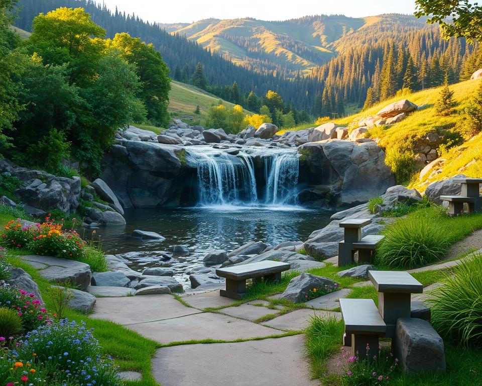 A serene, accessible waterfall cascading over smooth rocks in a lush green setting, designed for families and those with mobility needs. In the foreground, a gentle pathway leads to the water's edge, lined with colorful wildflowers and easy-to-navigate stone benches. In the middle ground, the waterfall pours beautifully into a clear pool below, surrounded by inviting terrain perfect for children and adults alike. The background features rolling hills and dense forests bathed in warm sunlight, creating a tranquil and welcoming atmosphere. Use a wide-angle lens to capture the depth and beauty of the landscape, with soft, diffused lighting to enhance the natural colors and serene mood of this picturesque site.