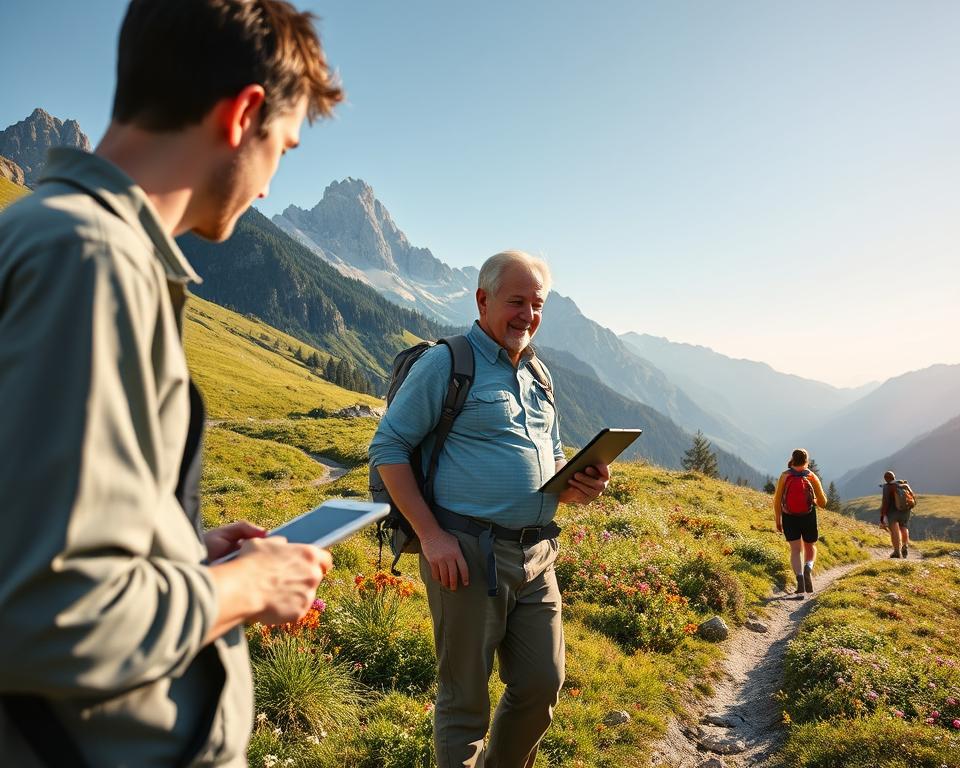 A serene and inviting scene of a health check in a picturesque mountainous landscape, illustrating the concept of “Vitalklar Check kostenlos.” In the foreground, a professional in modest casual clothing is engaging with a middle-aged hiker, showcasing a health assessment with a tablet. In the middle ground, lush green trails weave through vibrant wildflowers while other hikers explore the area, promoting a sense of well-being. In the background, majestic mountains rise under a clear blue sky, symbolizing adventure and health. The lighting is soft and warm, suggesting an early morning or late afternoon glow, creating a positive and encouraging atmosphere. The angle is slightly elevated, capturing both the interaction and the breathtaking scenery, emphasizing the importance of health checks for outdoor enthusiasts.