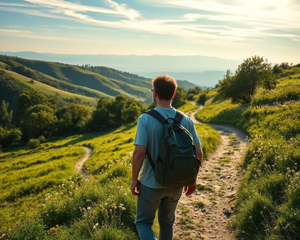 A serene and reflective scene of a pilgrim walking the Camino Portugués, surrounded by lush green landscapes and rolling hills. In the foreground, capture a solitary figure dressed in modest casual clothing, with a backpack, symbolizing personal growth and spiritual journey. The middle ground features winding pathways adorned with wildflowers and gentle sunlight filtering through the trees, casting a warm, golden hue. In the background, distant mountains rise under a soft blue sky with wispy clouds, enhancing the feeling of peace and introspection. The atmosphere is tranquil and contemplative, evoking a sense of spiritual exploration and personal reflection. The image should be beautifully lit, resembling the soft focus of a 50mm lens, highlighting the richness of nature along the pilgrimage route.