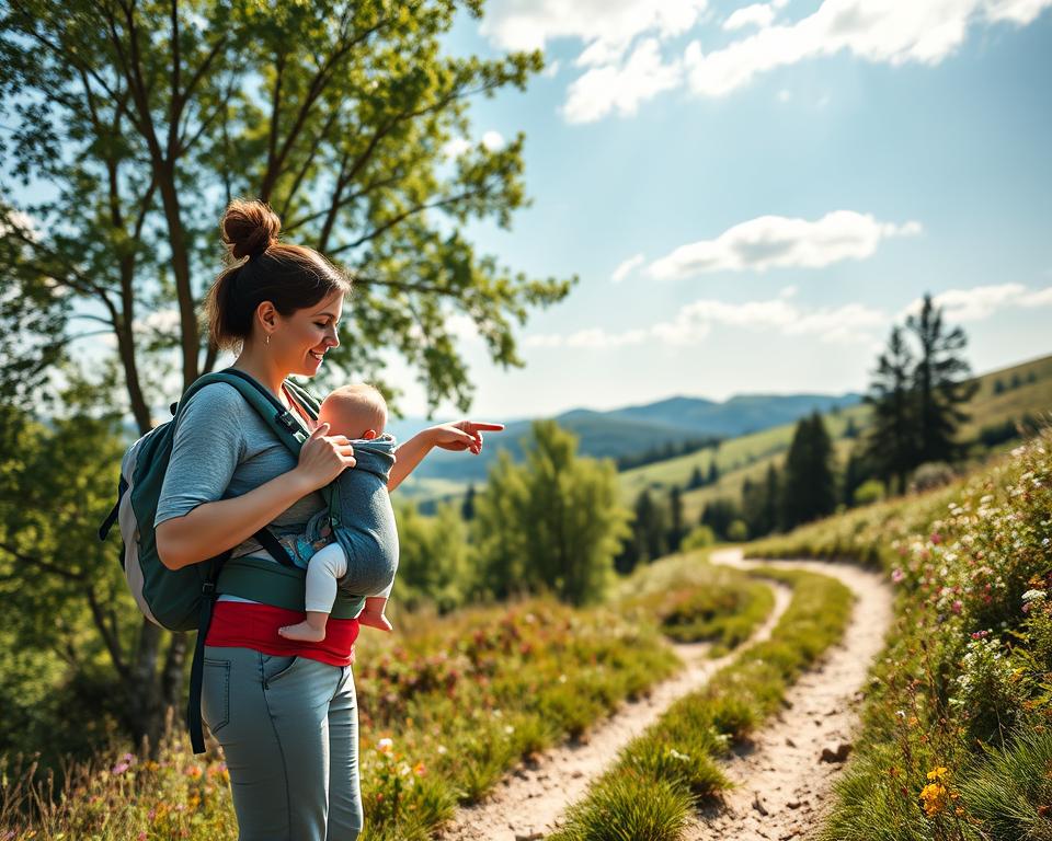 A serene family-friendly hiking scene in Germany, showcasing a diverse family of four enjoying a nature trail. In the foreground, a mother gently carries a baby in a comfortable, ergonomic baby carrier, wearing modest and colorful hiking attire. Beside her, a father points toward scenic vistas, highlighting their adventure. The middle ground features lush green trees and a winding path adorned with wildflowers, emphasizing a smooth and accessible route for families. In the background, gentle hills rise under a bright, blue sky with soft clouds, bathed in warm sunlight that creates a cheerful atmosphere. Capture the essence of exploration and connection with nature, evoking a sense of joy and adventure in family outings. Use a wide-angle lens for a spacious perspective, with soft, natural lighting.