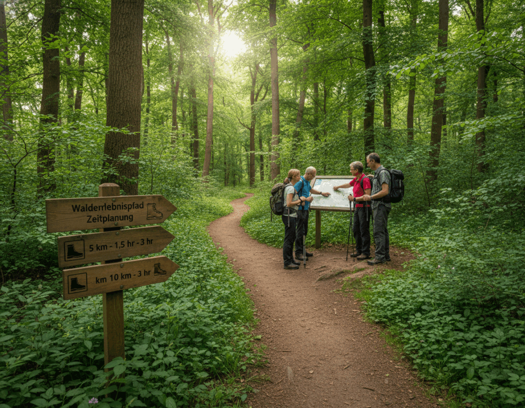 A serene forest landscape illustrating the "Walderlebnispfad Zeitplanung" concept, featuring a winding hiking trail surrounded by lush greenery and tall trees. In the foreground, a wooden signpost with directional arrows indicating various trail lengths and estimated hiking times. The middle ground showcases hikers, dressed in casual outdoor attire, examining a detailed trail map, with expressions of excitement and curiosity. In the background, sunlight filters through the tree canopy, creating dappled light patterns on the forest floor, conveying a warm and inviting atmosphere. The scene is captured from a slightly elevated angle, highlighting both the trails and the vibrant colors of the foliage. The overall mood is one of adventure and tranquility in nature. A serene forest landscape illustrating the "Walderlebnispfad Zeitplanung" concept, featuring a winding hiking trail surrounded by lush greenery and tall trees. In the foreground, a wooden signpost with directional arrows indicating various trail lengths and estimated hiking times. The middle ground showcases hikers, dressed in casual outdoor attire, examining a detailed trail map, with expressions of excitement and curiosity. In the background, sunlight filters through the tree canopy, creating dappled light patterns on the forest floor, conveying a warm and inviting atmosphere. The scene is captured from a slightly elevated angle, highlighting both the trails and the vibrant colors of the foliage. The overall mood is one of adventure and tranquility in nature.
