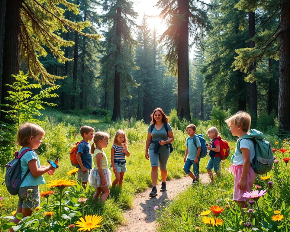 A serene forest scene in the Black Forest region, showcasing a clear, winding hiking trail surrounded by lush green trees and vibrant wildflowers. In the foreground, a group of diverse children in casual outdoor clothing enthusiastically explore, pointing at a colorful butterfly resting on a flower, embodying respect for nature. The middle ground features a teacher, dressed in a modest outdoor attire, gently guiding them while discussing wildlife protection. The background reveals tall, majestic trees under a softly glowing sun, filtering light through the leaves, creating a warm, inviting atmosphere. The mood is joyful and educational, emphasizing the importance of nature conservation while trekking through the picturesque landscape.