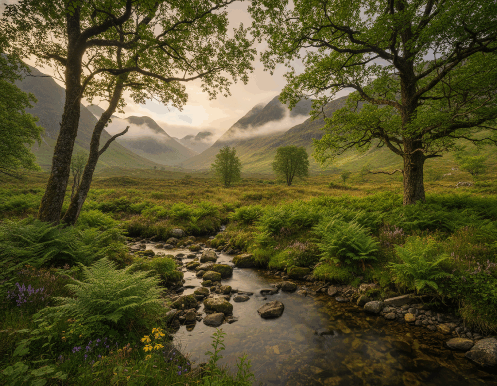 A serene, hidden spot in Glen Affric, Scottish Highlands, featuring lush greenery and ancient trees. In the foreground, a small, tranquil stream flows over smooth stones, reflecting the soft light filtering through the leaves. The middle ground includes vibrant ferns and wildflowers peeking through the underbrush, hinting at the rich biodiversity of the area. In the background, majestic mountains loom, shrouded in mist, creating a sense of mystery and adventure. The scene is bathed in soft, golden morning light, capturing the peaceful atmosphere of this secret treasure. Use a wide-angle lens to emphasize the depth and tranquility of the landscape, with a focus on the interplay of light and shadow.