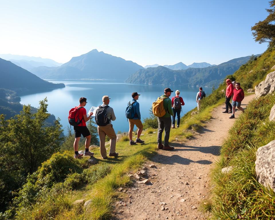 A serene hiking scene at Lake Como, Italy, showcasing a well-maintained, winding trail surrounded by lush green vegetation and rocky outcrops in the foreground. In the middle ground, depict a diverse group of hikers dressed in practical hiking gear, including sturdy boots and weather-appropriate attire, consulting a map while taking in the stunning lake views. The background should feature the majestic mountains reflecting against the tranquil waters of Lake Como under a clear blue sky, with soft, warm sunlight casting gentle shadows. The overall mood should convey a sense of adventure and safety, emphasizing the importance of preparation and awareness while hiking.