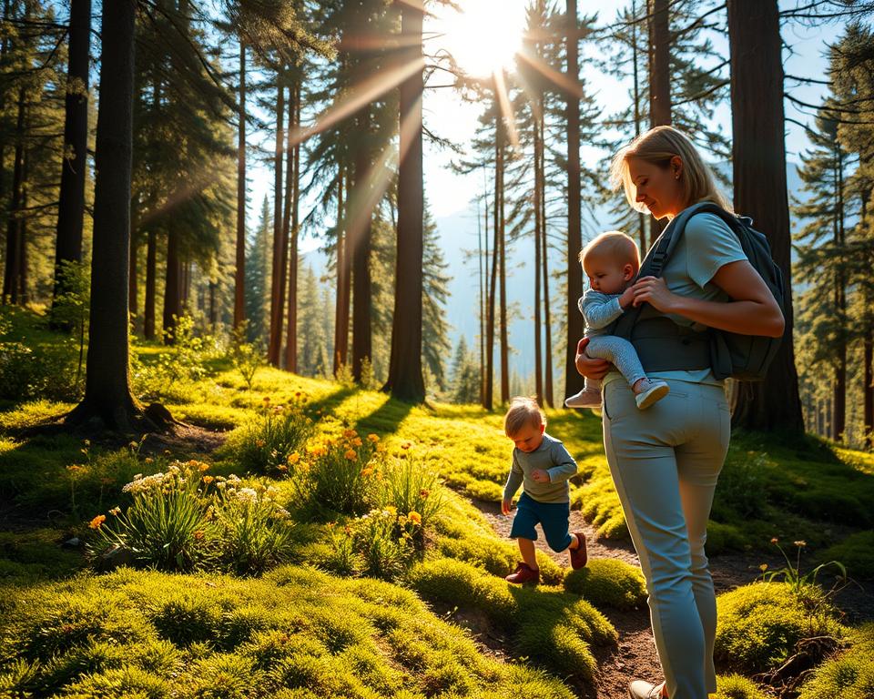 A serene hiking scene capturing a mindful family journeying through a lush, green forest. In the foreground, a parent gently carrying a baby in a comfortable backpack, both wearing light, breathable clothing. The middle ground showcases the family’s other child exploring nearby, examining vibrant wildflowers and soft moss underfoot. Rays of golden sunlight filter through the tall trees, creating a warm and inviting atmosphere. In the background, the harmonious sounds of nature, with a clear blue sky visible through the tree canopies, and distant mountains. The overall mood is peaceful and nurturing, reflecting a sustainable and respectful approach to enjoying the outdoors. Use a wide-angle lens to capture the beauty and depth of the surrounding nature.