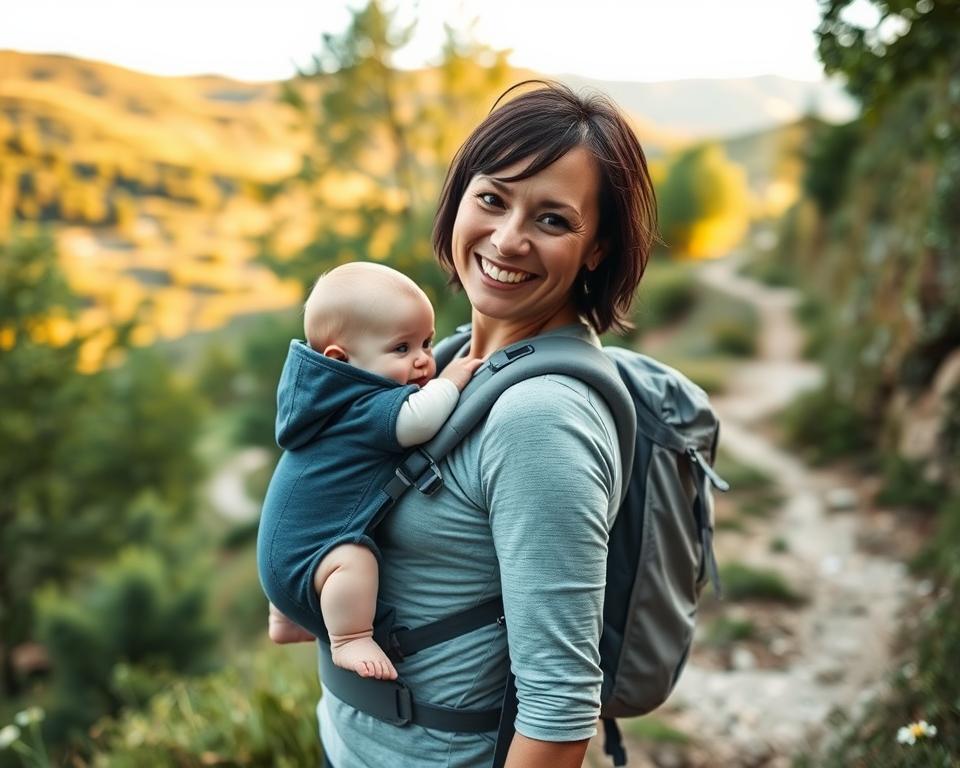 A serene hiking scene featuring a family with a baby securely strapped in a comfortable carrier on the parent's back. In the foreground, focus on the parent smiling, dressed in casual but functional hiking attire, showcasing joy and confidence. In the middle ground, a winding trail leads through lush green trees, emphasizing a sense of adventure while maintaining safety. The background reveals gentle hills bathed in soft, golden sunlight, suggesting an early morning or late afternoon setting. The atmosphere is calm and inviting, reflecting a peaceful hiking experience. Capture the subtle details of nature, such as wildflowers alongside the path, enhancing the overall sense of safety and tranquility on the trail.