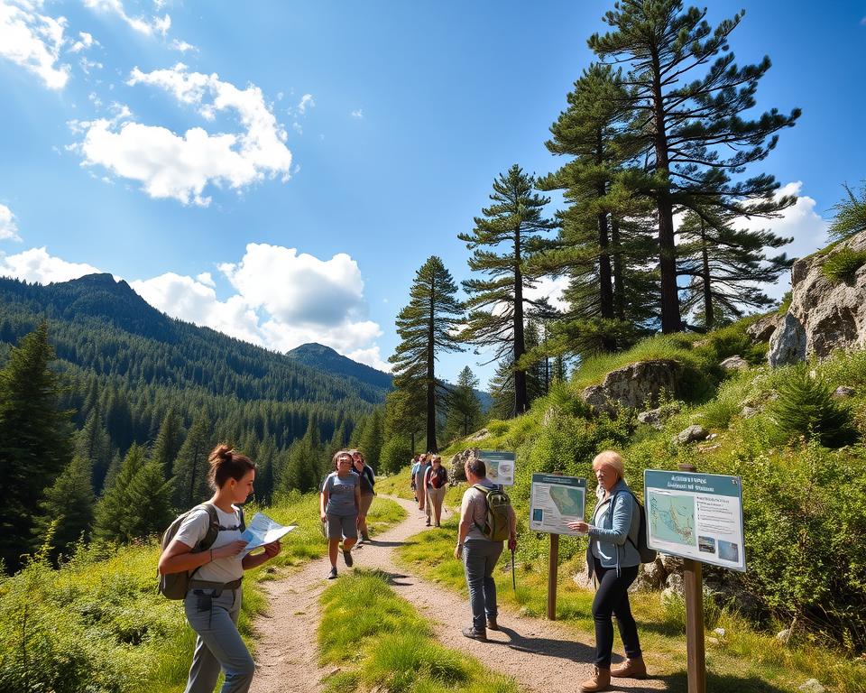 A serene hiking scene in the Harz Mountains, showcasing a well-marked trail winding through lush green forests and rocky outcrops. In the foreground, a diverse group of hikers dressed in casual, modest outdoor attire checks a map, symbolizing safety and orientation in the wilderness. The middle ground features a clear path lined with informational signs about local wildlife and trail tips, enhancing the sense of security. Majestic pine trees rise in the background, under a bright blue sky dotted with fluffy white clouds. Soft sunlight filters through the branches, creating dappled patterns on the ground. The atmosphere is peaceful, inviting, and adventurous, capturing the essence of exploring nature safely.