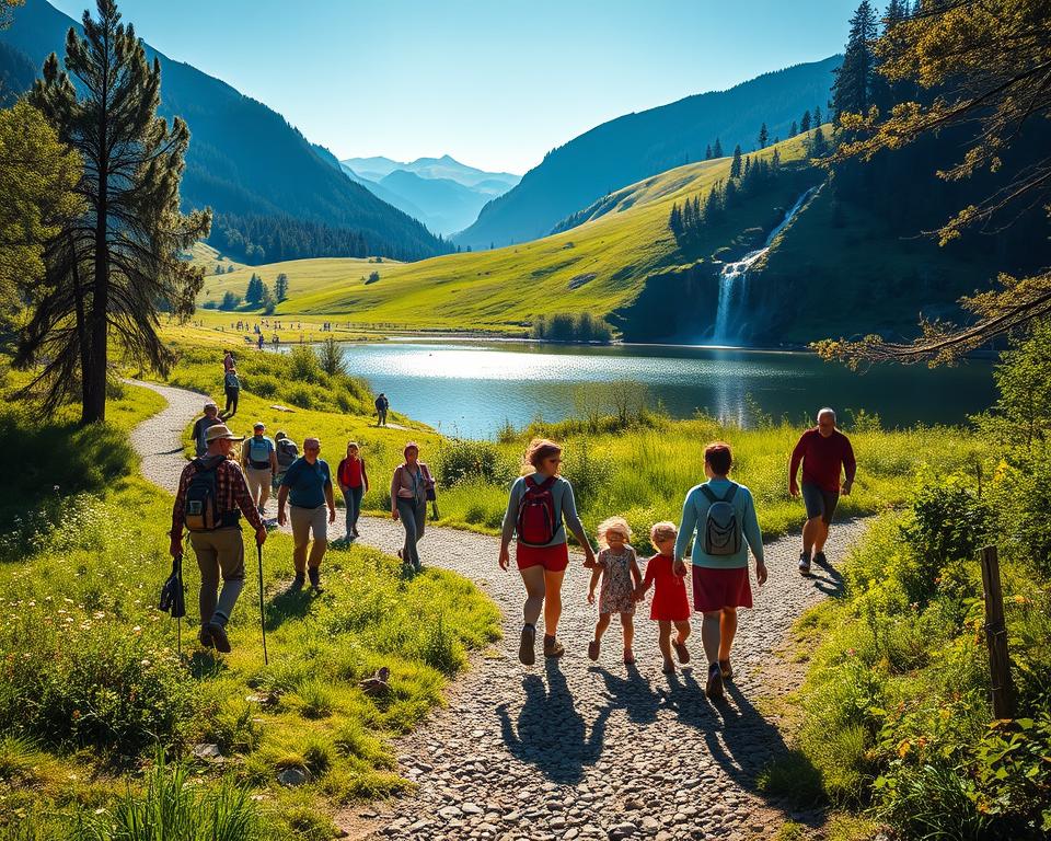 A serene hiking scene in the Southern Black Forest, showcasing a sunlit path winding alongside a tranquil lake. In the foreground, a diverse group of families with children, dressed in casual outdoor attire, walk hand in hand over pebbled trails. The middle ground features lush greenery with patches of wildflowers, while the sparkling water reflects the blue sky and surrounding mountains. In the background, gentle hills rise towards a cascading waterfall, with soft sunlight filtering through the trees, creating dappled shadows on the ground. The atmosphere is peaceful, inviting exploration and adventure, perfect for family outings in nature. The image should capture the vivid colors and textures of the landscape in a warm, inviting tone, evoking a sense of joy and discovery.
