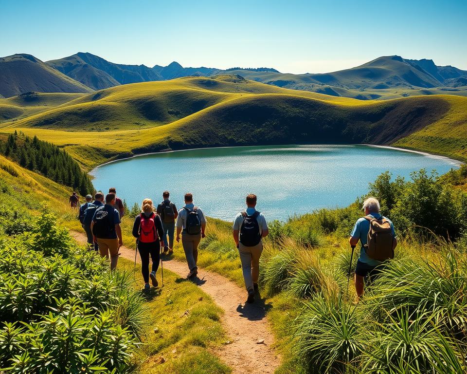 A serene hiking scene in the Vulkaneifel region, showcasing a lush, green pathway leading through vibrant, protected nature. In the foreground, a diverse group of hikers dressed in modest casual clothing, equipped with backpacks, are walking along a scenic trail surrounded by rich vegetation. The middle ground features a tranquil Maar lake, reflecting the clear blue sky, with gentle ripples on the surface. In the background, rolling hills and volcanic formations create a dramatic landscape under soft, golden sunlight, casting a warm glow over the scene. The mood is peaceful and inviting, emphasizing the importance of nature conservation and sustainable hiking practices in this stunning environment. Capture this composition from a slightly elevated angle to provide depth and context.
