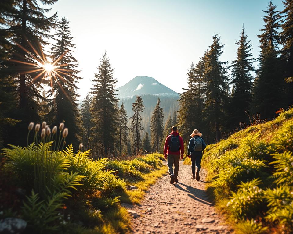 A serene hiking trail known as Goetheweg, located in the Harz mountains, leading towards the summit of Brocken. In the foreground, a winding path surrounded by lush green ferns and wildflowers. A couple of hikers dressed in modest outdoor attire are taking a leisurely stroll, gazing at the surrounding nature. The middle ground features dense, tall pine trees bathed in warm golden sunlight, casting soft shadows on the trail. In the background, the iconic peak of Brocken rises majestically, shrouded in a light mist, with a few scattered clouds in a bright blue sky. The lighting is soft and inviting, evoking a peaceful atmosphere perfect for hiking. Use a wide-angle lens effect to capture the grand landscape and create a sense of depth.