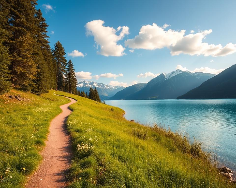 A serene lakeside trail at Walchensee, showcasing a picturesque view of the crystal-clear turquoise waters in the foreground. Add lush green grass and wildflowers along the path, leading towards the tranquil lake. In the middle ground, include a winding footpath bordered by tall trees, creating a sense of enclosure and intimacy. In the background, depict the majestic, snow-capped Alps under a clear blue sky, with soft, fluffy clouds scattered above. The lighting should be warm and inviting, as if illuminated by the golden glow of the afternoon sun. Capture the peaceful and idyllic atmosphere of a perfect hiking day, emphasizing the natural beauty and serenity of the environment. No people or text should be present.