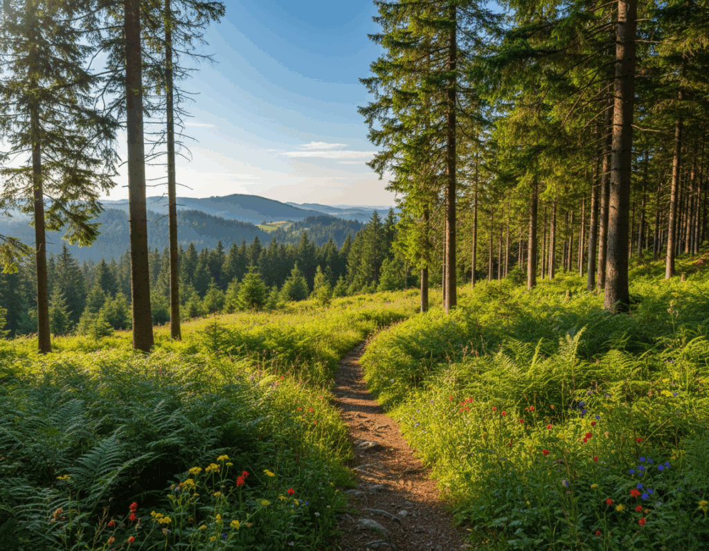 A serene landscape along the Walderlebnispfad in Farchant, capturing the essence of nature for enthusiasts. In the foreground, a winding dirt path flanked by lush green ferns and wildflowers blooms with vibrant colors. In the middle ground, tall coniferous trees stretch towards the sky, their needles glistening in the soft, dappled sunlight filtering through the branches. The background showcases rolling hills covered in dense forest, under a clear blue sky. The mood is tranquil and inviting, perfect for a nature exploration. The image is bathed in warm, natural light, creating a harmonious atmosphere. Use a wide-angle lens to encompass the vastness of the landscape, emphasizing the natural beauty of Farchant’s Wald. A serene landscape along the Walderlebnispfad in Farchant, capturing the essence of nature for enthusiasts. In the foreground, a winding dirt path flanked by lush green ferns and wildflowers blooms with vibrant colors. In the middle ground, tall coniferous trees stretch towards the sky, their needles glistening in the soft, dappled sunlight filtering through the branches. The background showcases rolling hills covered in dense forest, under a clear blue sky. The mood is tranquil and inviting, perfect for a nature exploration. The image is bathed in warm, natural light, creating a harmonious atmosphere. Use a wide-angle lens to encompass the vastness of the landscape, emphasizing the natural beauty of Farchant’s Wald.