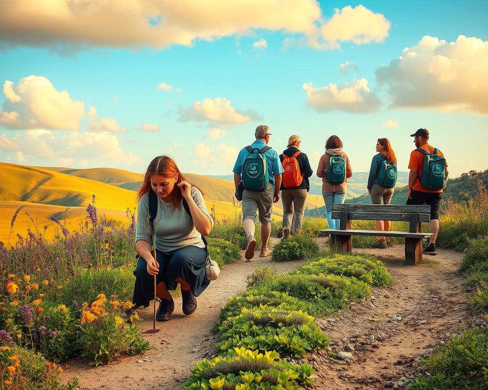 A serene landscape depicting the Camino Portuguese trail, showcasing a diverse group of eco-conscious pilgrims in modest casual clothing walking along a dirt path lined with vibrant wildflowers and lush greenery. In the foreground, a young woman kneels to examine a native plant while a man plants a small tree nearby. In the middle ground, a small group chats by a rustic wooden bench surrounded by nature, their backpacks adorned with eco-friendly symbols. The background features rolling hills and a bright blue sky with soft, fluffy clouds, illuminated by warm, golden afternoon sunlight. The overall mood is peaceful and inviting, embodying a sense of community and environmental awareness on this ancient pilgrimage.