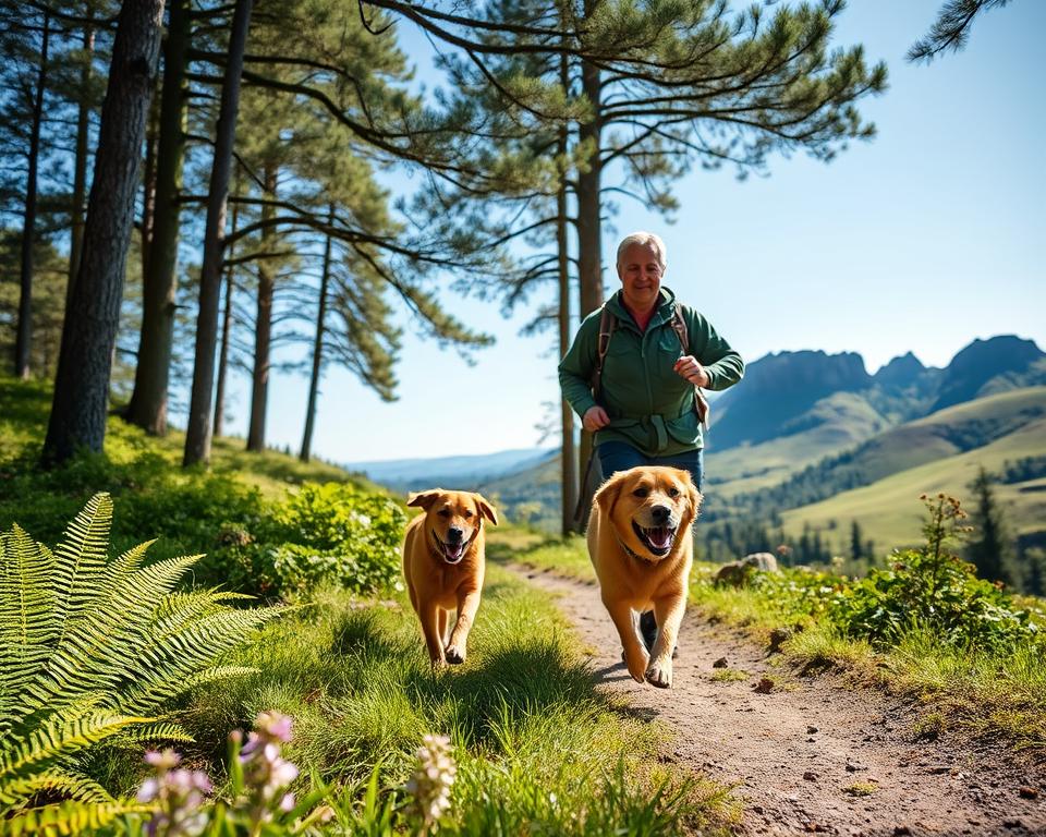 A serene landscape in the Vulkaneifel region, featuring a tranquil forest path perfect for hiking with a dog. In the foreground, a joyful golden retriever runs alongside a middle-aged person wearing comfortable hiking attire. The middle ground showcases vibrant green ferns and wildflowers, while the background reveals the rolling hills and distinct volcanic formations typical of the Vulkaneifel, under a clear blue sky. Soft sunlight filters through the trees, creating dappled light patterns on the trail, enhancing the natural beauty and peaceful atmosphere. The lens perspective is slightly low, emphasizing the dog's excitement and the majestic trees, capturing the essence of adventure in nature. The mood is relaxed and inviting, perfect for nature lovers and their furry companions.