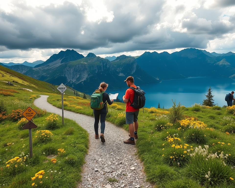 A serene landscape of Walchensee, showcasing a winding hiking trail through lush alpine meadows. In the foreground, a gravel path leads through vibrant wildflowers, with mountain safety signs subtly positioned to indicate trail conditions. In the middle ground, a group of hikers in modest outdoor clothing, equipped with backpacks, consult a map thoughtfully while gazing toward the majestic mountains ahead, hinting at the importance of planning and safety. The background features the stunning blue lake of Walchensee framed by towering, rugged peaks under a dynamic sky that suggests changing weather, with dark clouds gathering but sunlight breaking through. Soft, natural lighting highlights the scene, creating a mood of adventure and caution in the great outdoors. The angle is slightly elevated, capturing both the hikers and the expansive landscape.