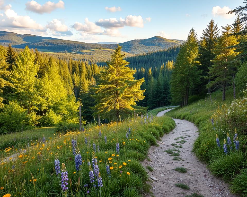 A serene landscape of the Harz National Park, showcasing a winding hiking trail that disappears into a lush green forest. In the foreground, vibrant wildflowers bloom along the path, basking in golden sunlight. The middle ground features tall, majestic trees, with their leaves shimmering in the gentle breeze, portraying a variety of rich hues from deep greens to occasional hints of autumn gold. In the background, soft rolling hills rise under a blue sky, scattered with light, fluffy clouds. The scene encapsulates a peaceful, natural atmosphere, evoking a sense of adventure and tranquility. Use soft, diffused lighting to enhance the mood, and a wide-angle perspective to capture the grandeur of this protected nature area. No human figures should be included to maintain focus on the stunning landscape.