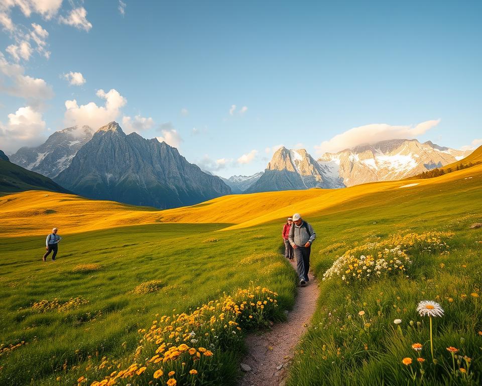 A serene landscape of the Thierseetal valley, showcasing lush green meadows and towering mountains bathed in warm, golden sunlight. In the foreground, a well-maintained hiking trail winds its way through vibrant wildflowers, inviting viewers to explore. In the middle ground, a few hikers in modest casual clothing are walking peacefully, enjoying the picturesque surroundings. The background features majestic, snow-capped peaks beneath a clear blue sky, with soft, fluffy clouds drifting lazily. The scene is infused with a tranquil atmosphere, capturing the essence of nature and relaxation. The lighting is soft and natural, emphasizing the idyllic beauty of this tranquil alpine setting, shot from a slightly elevated angle to provide a sweeping view of the landscape.