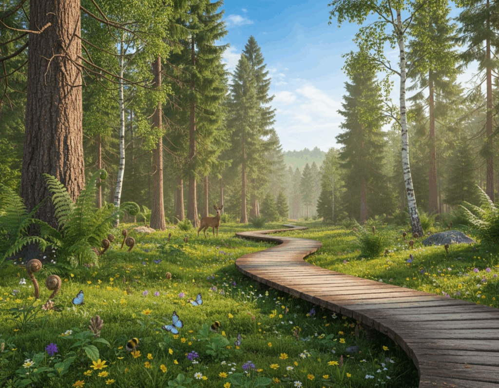 A serene landscape of the "Walderlebnispfad Farchant," showcasing a vibrant blend of flora and fauna. In the foreground, a lush carpet of green moss and wildflowers attracts small butterflies and bees, while tall ferns unfurl beside a winding wooden path. The middle ground reveals majestic, towering trees—pines, firs, and birches—casting dappled shadows on the ground, with small wildlife, like a deer peeking through the foliage. In the background, gentle hills and a bright blue sky create a tranquil atmosphere. The lighting is soft and warm, suggesting a late afternoon, with sunlight filtering through the leaves. The scene captures a peaceful, inviting nature experience, rich in biodiversity, perfect for immersing oneself in the wonders of the trail. A serene landscape of the "Walderlebnispfad Farchant," showcasing a vibrant blend of flora and fauna. In the foreground, a lush carpet of green moss and wildflowers attracts small butterflies and bees, while tall ferns unfurl beside a winding wooden path. The middle ground reveals majestic, towering trees—pines, firs, and birches—casting dappled shadows on the ground, with small wildlife, like a deer peeking through the foliage. In the background, gentle hills and a bright blue sky create a tranquil atmosphere. The lighting is soft and warm, suggesting a late afternoon, with sunlight filtering through the leaves. The scene captures a peaceful, inviting nature experience, rich in biodiversity, perfect for immersing oneself in the wonders of the trail.