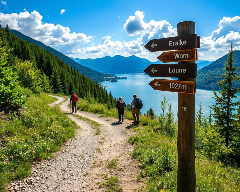 A serene landscape showcasing the hiking trails of Walchensee, surrounded by lush green forests and distant mountains. In the foreground, a well-trodden path invites travelers, lined with wildflowers and small stones. To the right, a picturesque wooden signpost points towards different routes, emphasizing the varied difficulty levels and durations available. The middle ground features hikers dressed in casual outdoor clothing, capturing a sense of adventure and exploration. The background reveals the stunning Walchensee lake shimmering under bright sunlight, with clear blue skies and fluffy clouds overhead. The image conveys a peaceful and inspiring atmosphere, perfect for outdoor enthusiasts seeking to discover nature's beauty. Use natural lighting to create vivid colors and a sense of warmth.