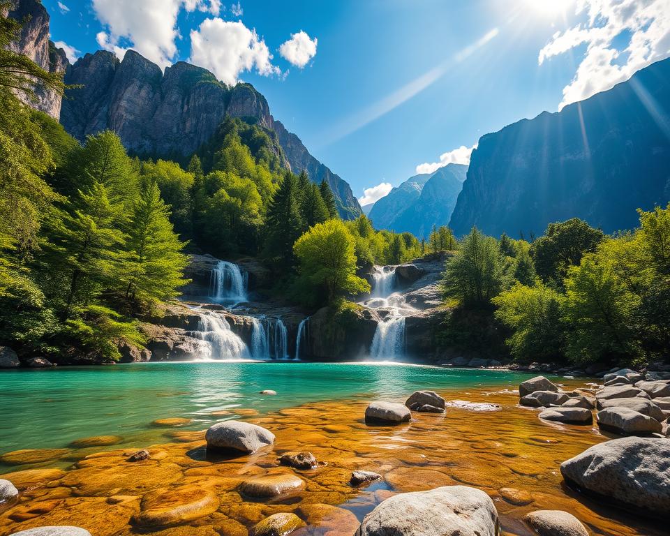 A serene, lush landscape featuring the Kuhflucht waterfalls, cascading down rocky cliffs surrounded by vibrant green foliage. In the foreground, clear turquoise water pools reflect the surrounding trees, while smooth stones provide a natural pathway for hikers. In the middle ground, the waterfalls tumble gracefully, creating mist that catches the sunlight, producing a rainbow effect in the air. The background is filled with majestic, towering mountains under a bright blue sky dotted with soft white clouds. The scene is bathed in soft, warm sunlight, evoking a peaceful, enchanting atmosphere that emphasizes the importance of nature conservation and respectful interaction with the environment. The composition is captured using a wide-angle lens to enhance the grandeur of the waterfalls and the surrounding scenery.