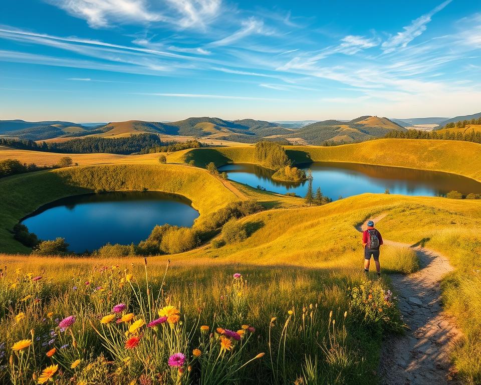 A serene maar landscape in the Vulkaneifel region, featuring several tranquil crater lakes surrounded by lush greenery. In the foreground, vivid wildflowers bloom beside a winding hiking trail, inviting explorers to immerse themselves in nature. The middle ground showcases diverse trees reflecting in the crystal-clear water of the lakes, with gentle slopes guiding the eye toward the background. In the distance, rolling hills rise softly under a clear blue sky, with wispy clouds adding texture. The lighting is warm and golden, suggesting early morning or late afternoon, casting soft shadows that enhance the tranquility of the scene. The atmosphere is peaceful and inviting, perfect for nature enthusiasts seeking beautiful hiking routes.