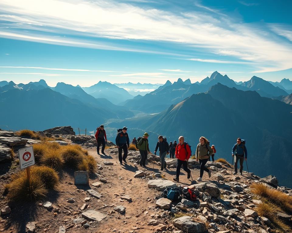 A serene mountain landscape depicting a hiking trail on Benediktenwand, showcasing elements of safety in the wilderness. In the foreground, a well-marked path with safety signs and equipment like helmets and harnesses, indicating precautionary measures. In the middle ground, a diverse group of hikers in modest, casual outdoor clothing, displaying proper hiking gear while carefully navigating rocky terrain. The background features majestic, rugged peaks under a clear blue sky, with soft sunlight illuminating the scene, creating a warm and inviting atmosphere. The angle captures a slightly elevated view, emphasizing both the beauty of the landscape and the importance of mountain safety. The mood is adventurous yet secure, inspiring a sense of responsibility while enjoying nature.