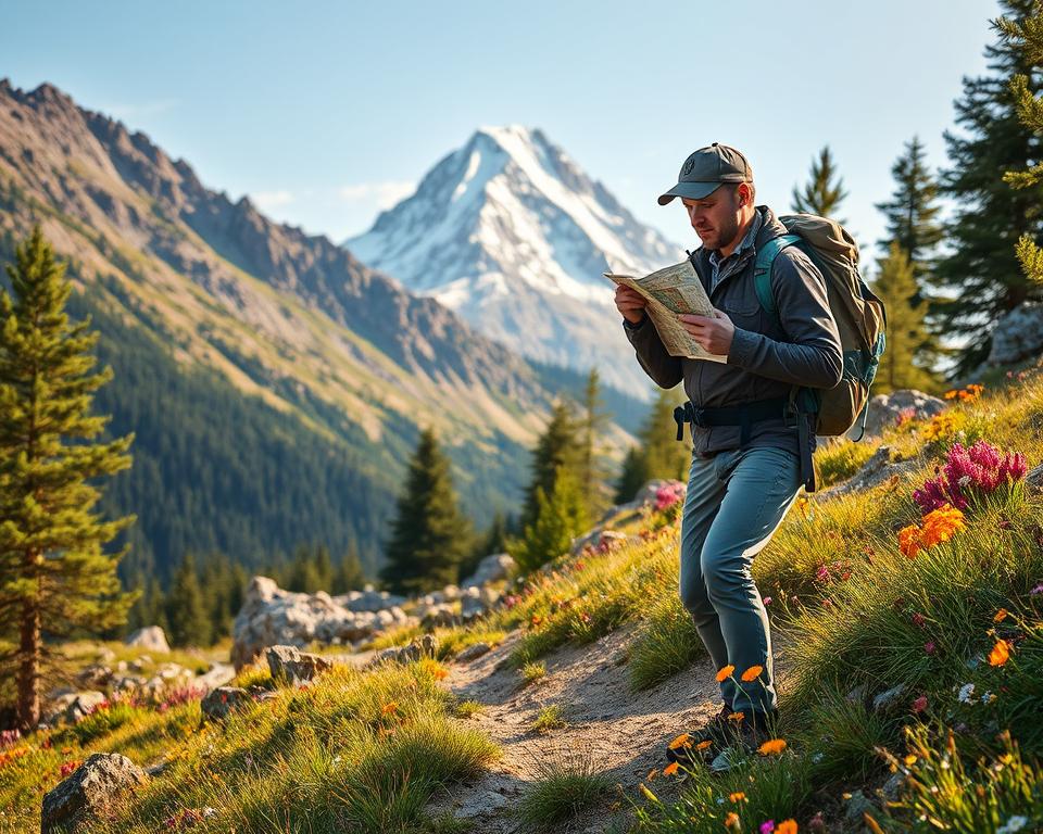 A serene mountain landscape depicting a safe hiking experience, showcasing a rugged yet accessible trail leading to the snow-capped Zugspitze in the background. In the foreground, a well-prepared hiker dressed in modest outdoor attire holds a map and checks equipment, emphasizing safety in planning. Surrounding trees and wildflowers add color and vibrancy to the scene, while mid-afternoon sunlight bathes the entire landscape in a warm, inviting glow. The image captures a sense of adventure and tranquility, inviting viewers to embark on a safe exploration of the mountains. Use a wide-angle lens to emphasize the grandeur of the landscape, while creating depth through the layers of foreground, middle, and background. A serene mountain landscape depicting a safe hiking experience, showcasing a rugged yet accessible trail leading to the snow-capped Zugspitze in the background. In the foreground, a well-prepared hiker dressed in modest outdoor attire holds a map and checks equipment, emphasizing safety in planning. Surrounding trees and wildflowers add color and vibrancy to the scene, while mid-afternoon sunlight bathes the entire landscape in a warm, inviting glow. The image captures a sense of adventure and tranquility, inviting viewers to embark on a safe exploration of the mountains. Use a wide-angle lens to emphasize the grandeur of the landscape, while creating depth through the layers of foreground, middle, and background.