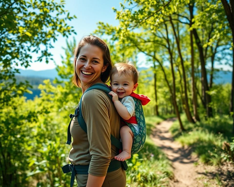 A serene outdoor scene featuring a family hiking in a lush forest. In the foreground, a parent wearing a comfortable, modest hiking outfit carries a joyful baby securely strapped in a colorful baby carrier on their back. The parent is smiling, showing a sense of adventure and connection with nature. In the middle ground, a winding trail leads through vibrant green trees, with dappled sunlight filtering through the leaves, creating a warm and inviting atmosphere. In the background, distant mountains are visible under a clear blue sky, enhancing the sense of a peaceful family outing. The image captures a joyful, adventurous mood, perfect for illustrating family hiking experiences. The lighting is soft and natural, resembling a sunny day in early summer.