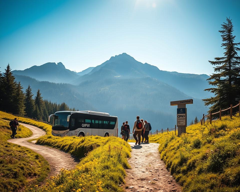 A serene outdoor scene showcasing the Harz mountains during a bright, sunny day. In the foreground, a winding hiking trail lined with lush greenery and colorful wildflowers leads towards the mountains. In the middle ground, a modern ÖPNV bus is parked neatly at a designated stop, with a small group of hikers in modest casual clothing preparing to embark on their trek. The background features majestic pine-covered peaks under a clear blue sky, evoking a sense of adventure and tranquility. The lighting is warm, with soft shadows and sunlight filtering through the trees, creating a welcoming atmosphere. The composition captures both the natural beauty of the Harz and the convenience of public transport for outdoor enthusiasts.