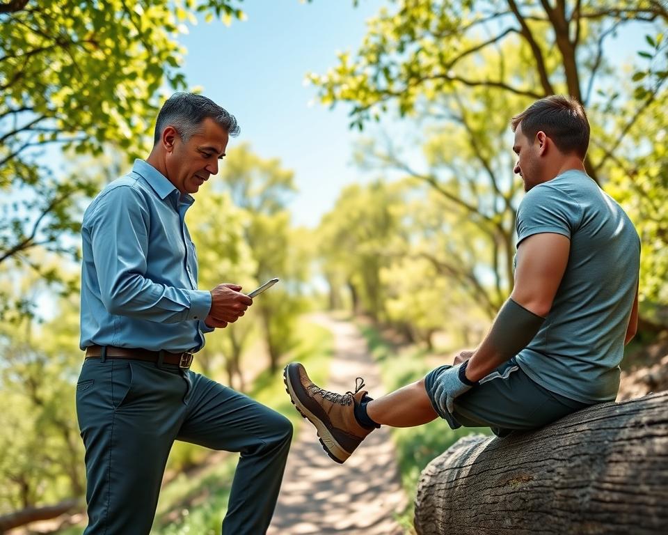 A serene outdoor setting, showcasing a professional conducting an orthopedic check for a hiker's joints, back, and foot positioning. In the foreground, a middle-aged male doctor, dressed in smart casual clothing, is examining the foot of a hiker sitting on a log, who is wearing hiking attire including sturdy boots and comfortable clothes. In the middle ground, vibrant green trees and a winding hiking trail create a natural ambiance, while a clear blue sky shines overhead. The sunlight filters through the leaves, casting gentle shadows, enhancing the sense of tranquility. Capture this scene with a slightly elevated angle, focusing on the interaction between the doctor and the hiker, evoking a mood of care and professionalism, promoting health and activity in nature.