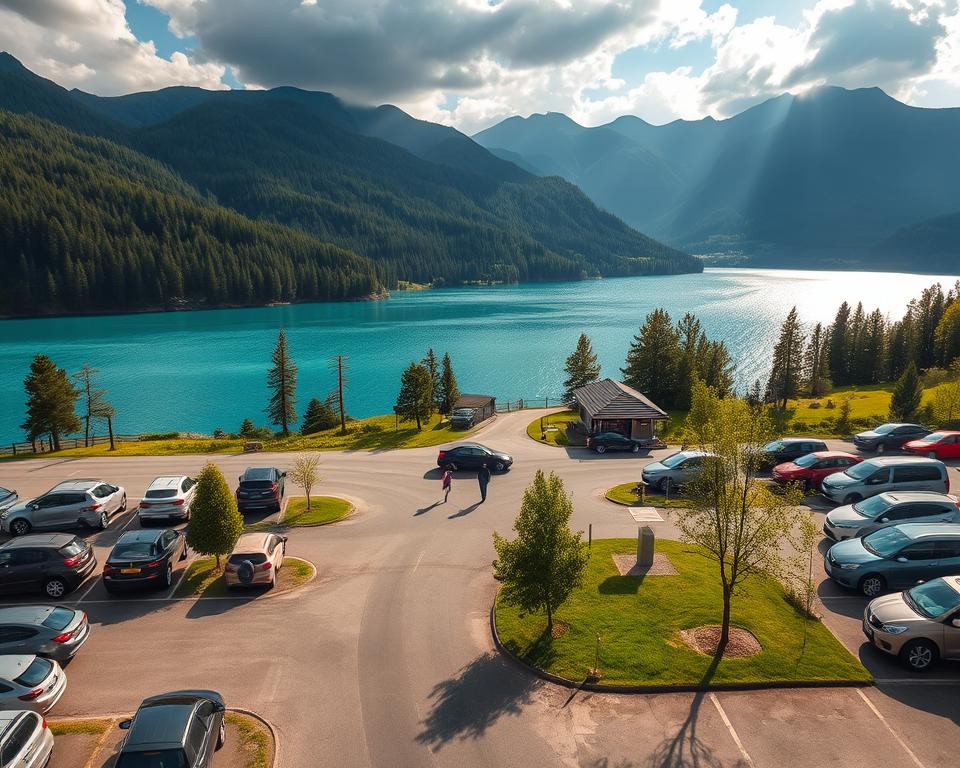 A serene scene depicting "Parken Walchensee," capturing a scenic parking area amidst the beautiful Bavarian landscape. In the foreground, a neatly arranged parking lot filled with cars, surrounded by grassy areas with a few trees. The middle ground features a gentle path leading towards the sparkling turquoise waters of Lake Walchensee, with some hikers in modest casual clothing strolling towards the lake, enjoying the scenery. The background showcases the majestic Karwendel Mountains, with vibrant green forests and patches of sunlight filtering through the clouds. The lighting is warm and inviting, evoking a peaceful afternoon atmosphere, with soft shadows and reflections on the lake's surface. The angle is slightly elevated to provide a comprehensive view of the area.
